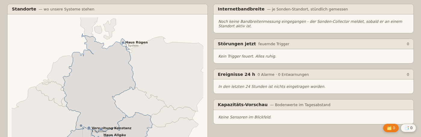 vNOC42 Network Operation Center im Demokonto: Karte der Standorte, Störungen und Ereignisse