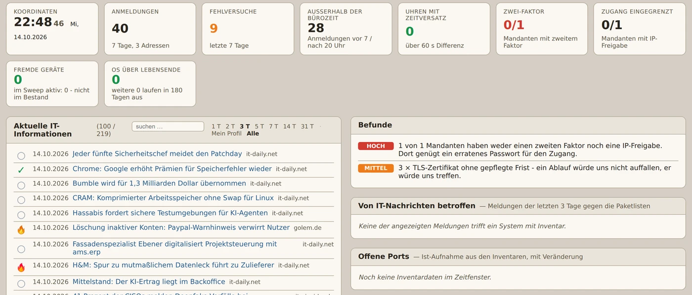 vNOC42 Security Operation Center im Demokonto: Anmeldungen, Fehlversuche, Zwei-Faktor, IT-Nachrichten und Befunde