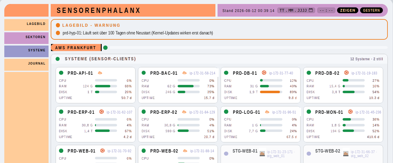 Die Sensorenphalanx: LCARS-Lagebild mit Systemkacheln, CPU, RAM, Platte und Laufzeit je System