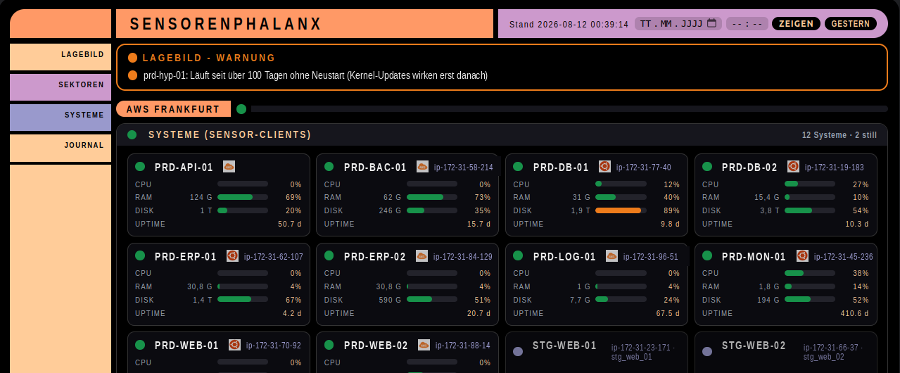 Die Sensorenphalanx: LCARS-Lagebild mit Systemkacheln, CPU, RAM, Platte und Laufzeit je System