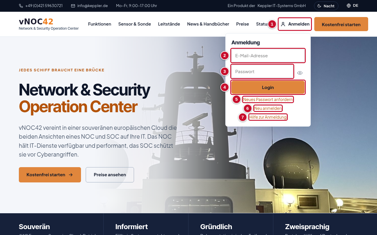 Startseite des vNOC42-Portals mit geöffnetem Anmeldefenster