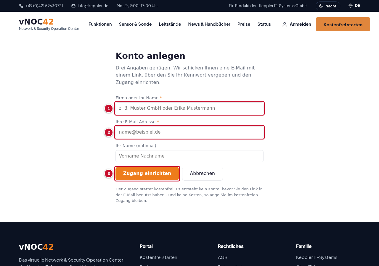 Formular zum Anlegen eines Kontos